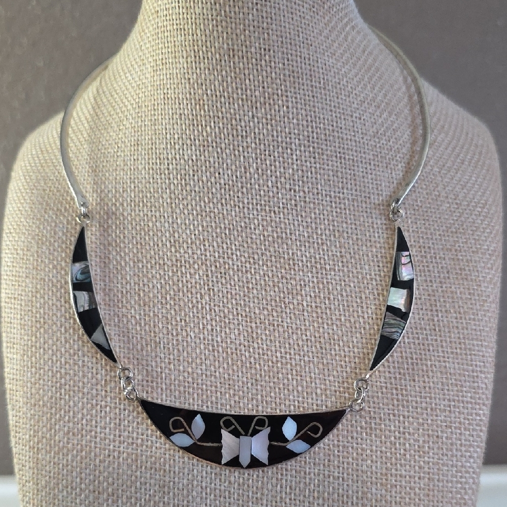 Vintage Alpaca Mexico Silver and Motger Of PearlNecklace